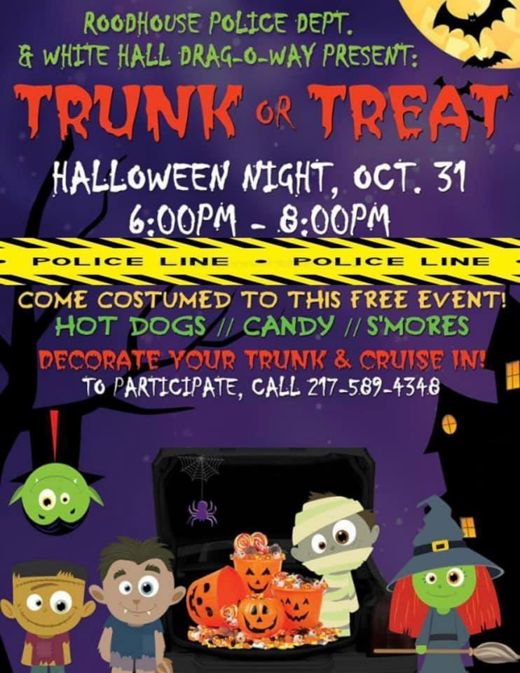 Flyer advertising Trunk or Treat event sponsored by Police Department from 6-8pm 