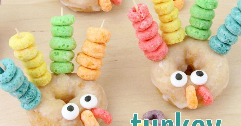 Turkeys made out of donuts using toothpicks and fruit loops