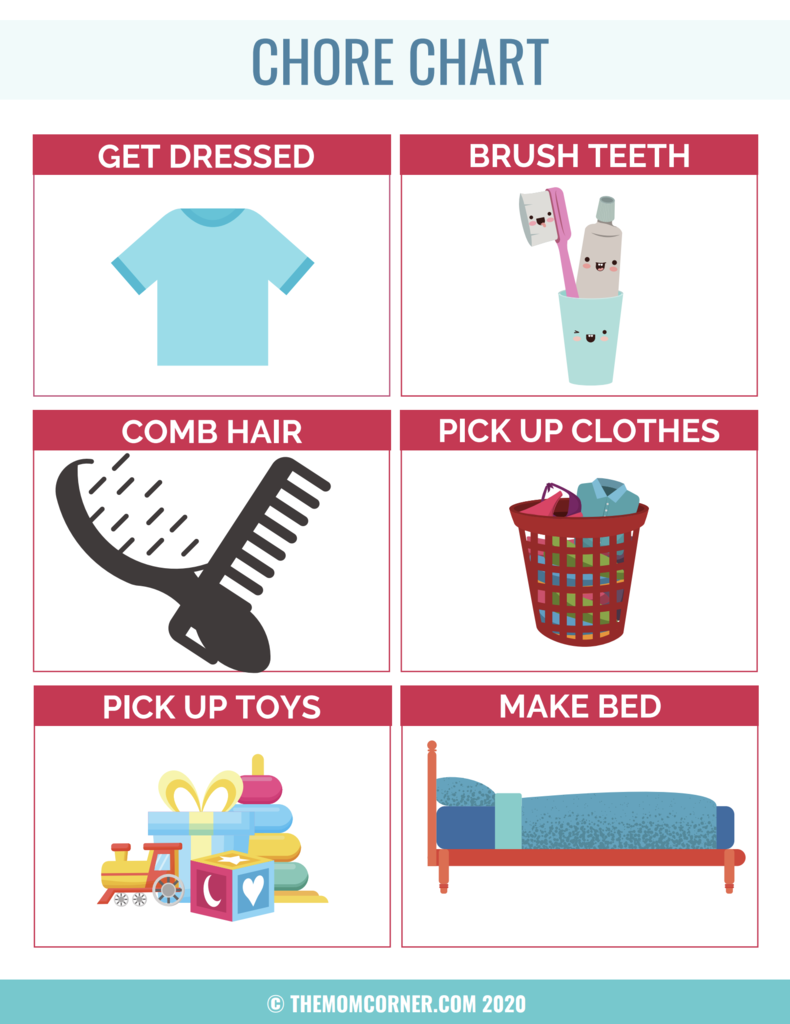 Chore chart that shows images for getting dressed, brushing teeth, combing hair, picking up clothes, picking up toys, and making bed.