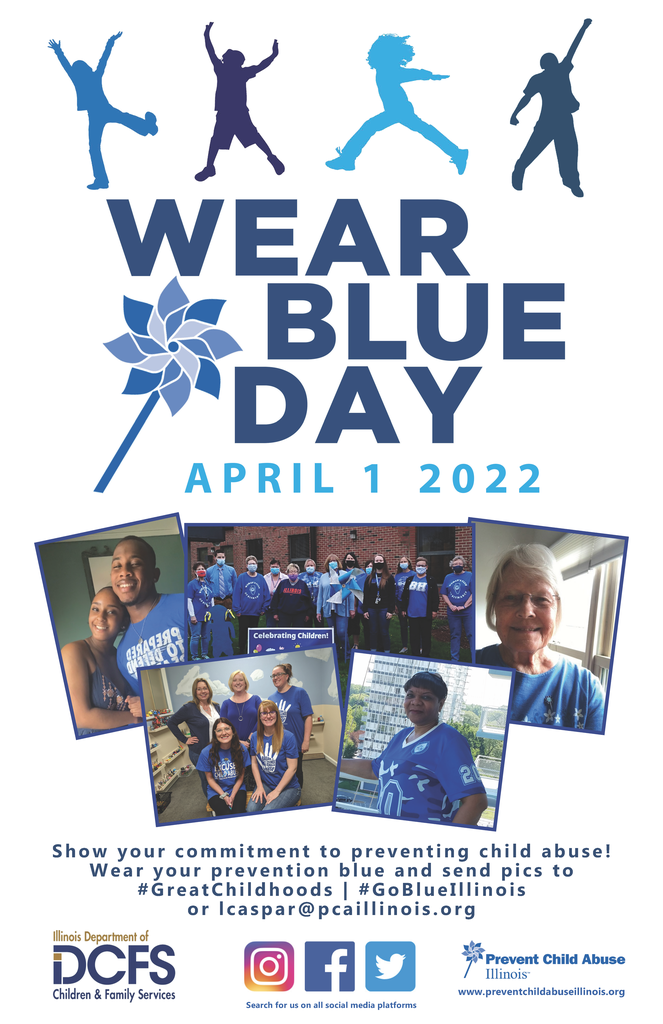 whit background with blue lettering suggesting to wear blue to show your commitment to child abuse prevention.  Image shows pinwheels and kids that are blue showing support of awareness.
