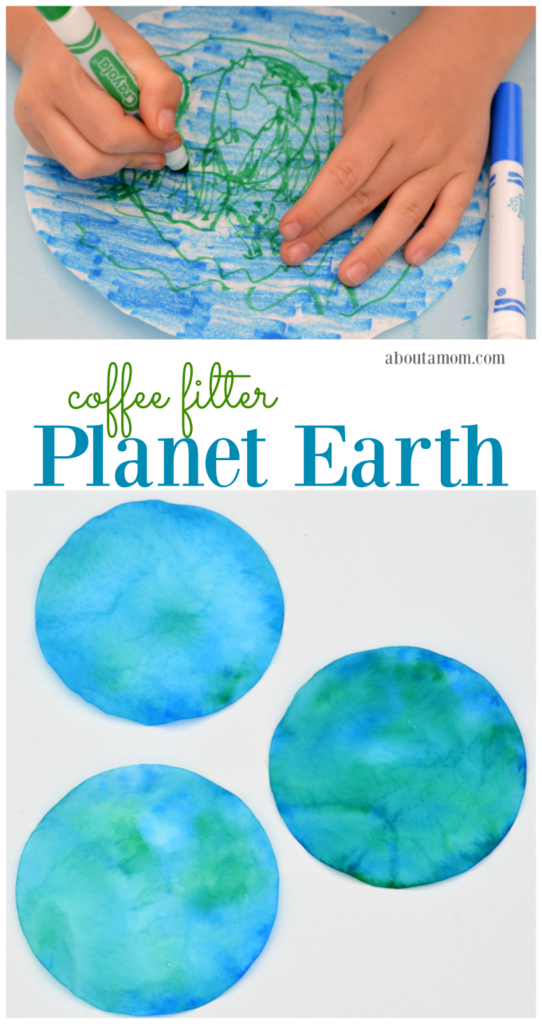 Child's hands creating a coffee filter planet earth. Picture from aboutmom.com