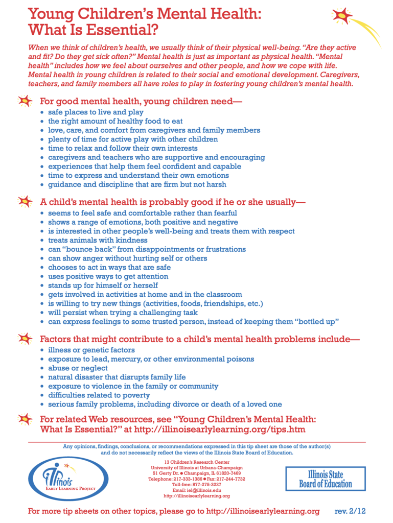 Tip Sheet From Illinois Early Learning Project titled, Young Children's Mental Health: What Is Essential? 