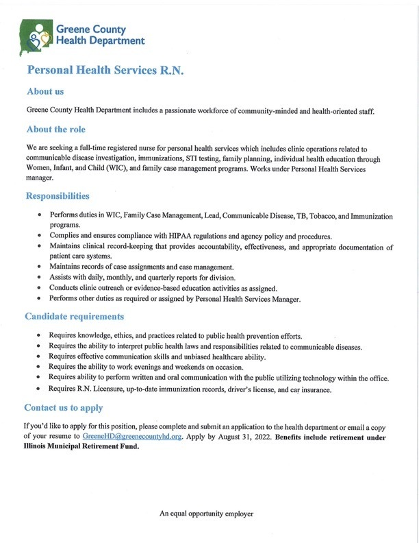 Job descriptions  of open jobs at Greene County Health Department