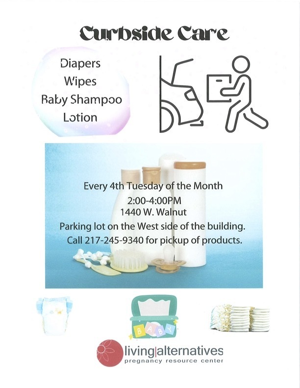 Flyer for baby items like diapers, wipes, shampoo and lotion call 217-245-9340 for information