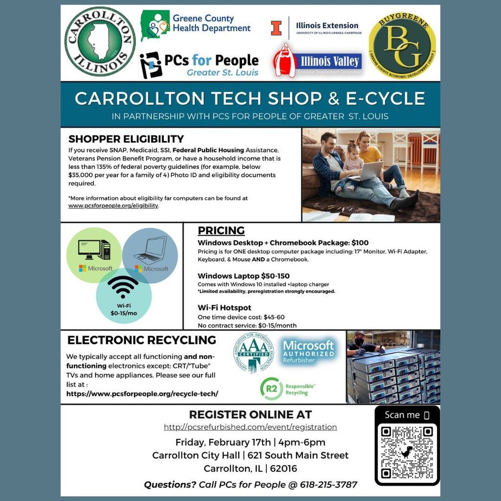 Electronic shopping and e-cycle flyer.  Call 618-215-3787 for questions
