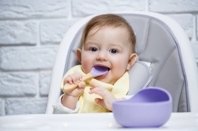Baby sitting in a high chair with a spoon in its mouth and bowl on the tray